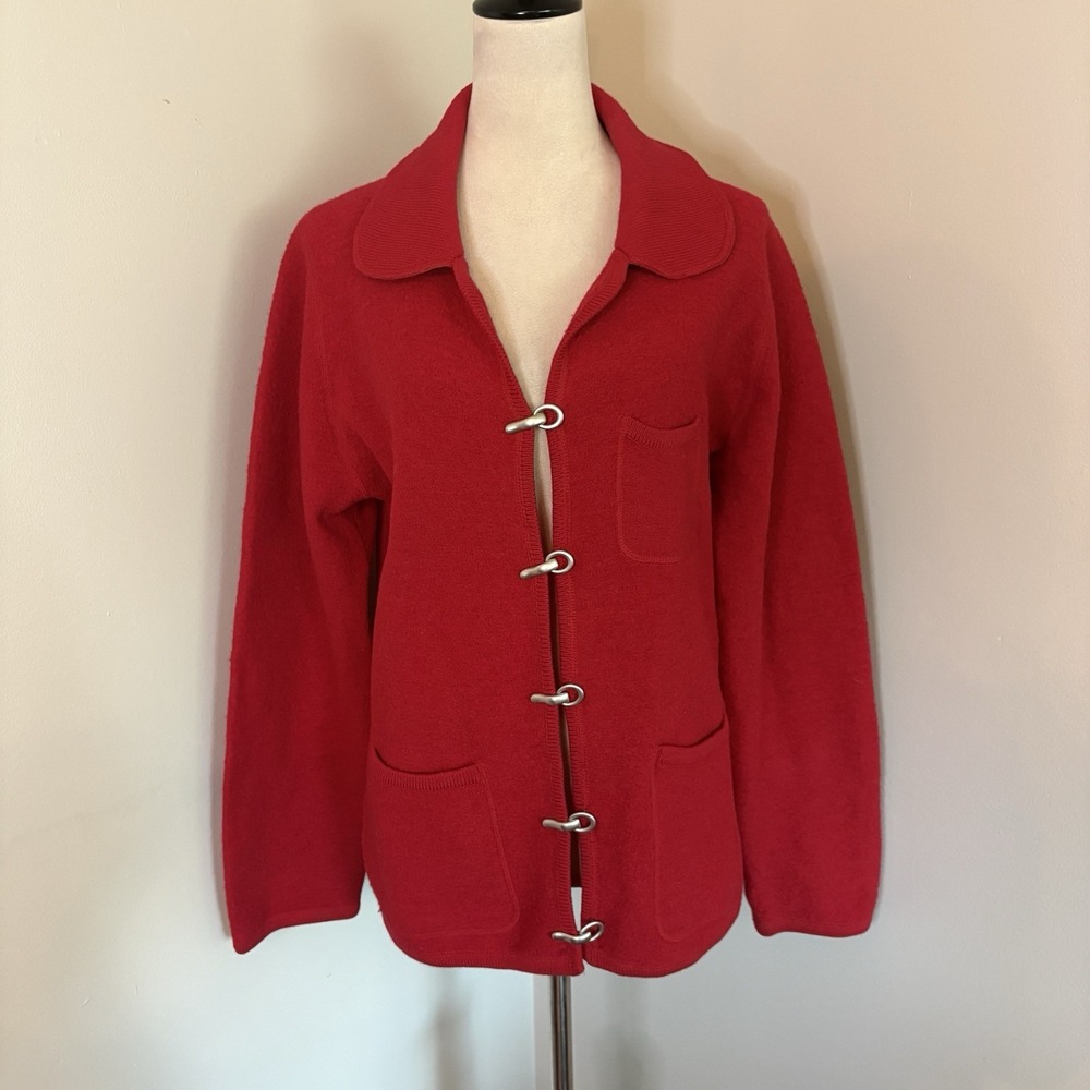 VTG Pierre Cardin Red Wool Toggle Cardigan Sweater Jacket Coat Medium 80s 90s